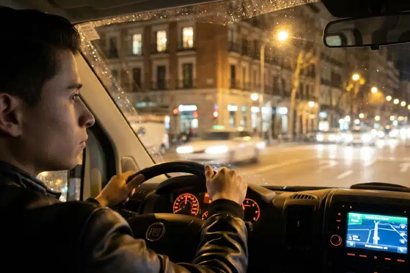 conducir con lentillas Persona conduciendo una furgoneta de noche con lentillas